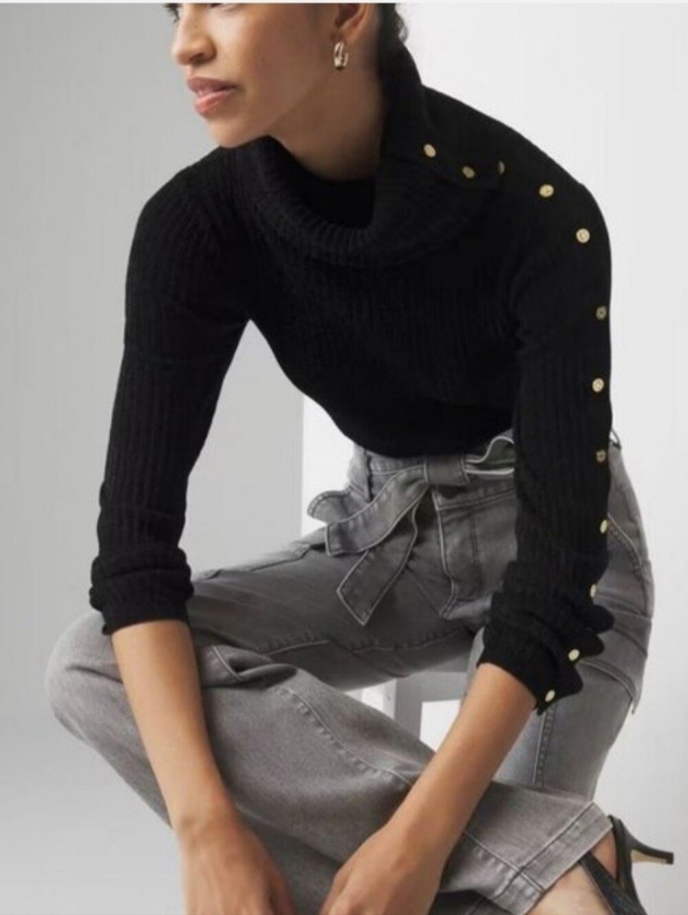 WHBM Black Ribbed Chenille Turtleneck Sweater Gold Button Detail - NWT- MEDIUM - Picture 2 of 7